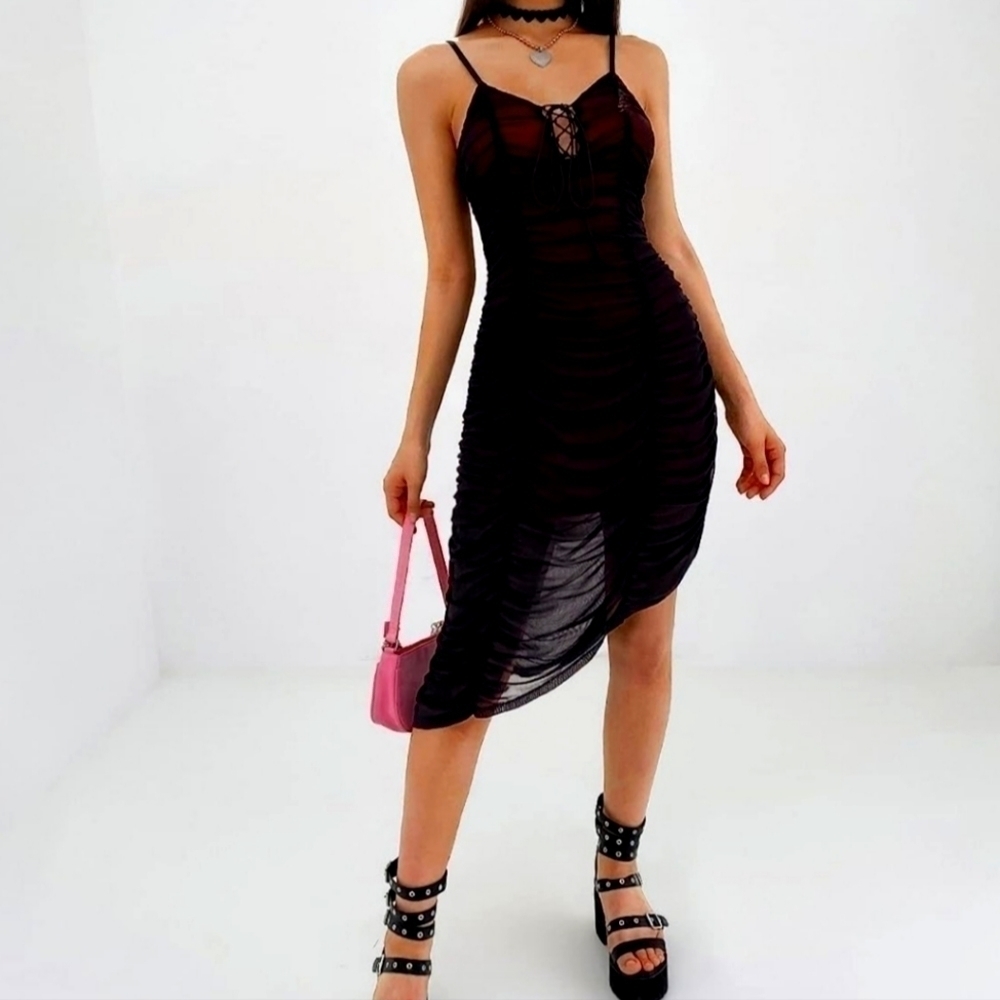 Black ruched asymmetrical cami dress